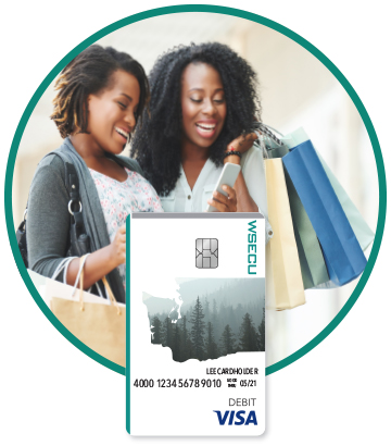 Two women with shopping bags and WSECU Debit Card