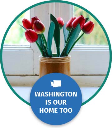 A vase with flowers text reads Washington is our home too