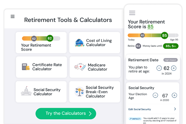 Retirement tools dashboard with six calculator options and a mobile view showing retirement score, age plans, and Social Security details.
