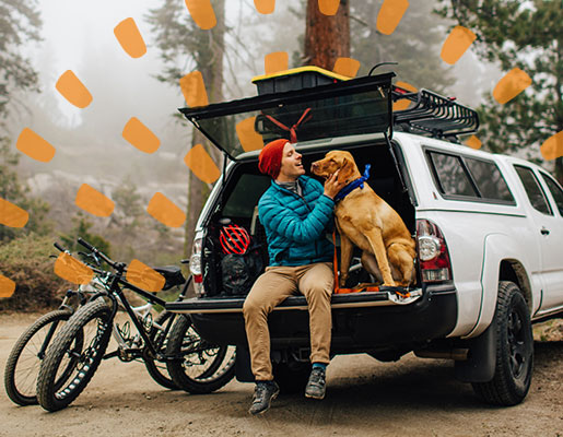 a man and his dog sitting on the back of his car getting ready for an outdoor adventure