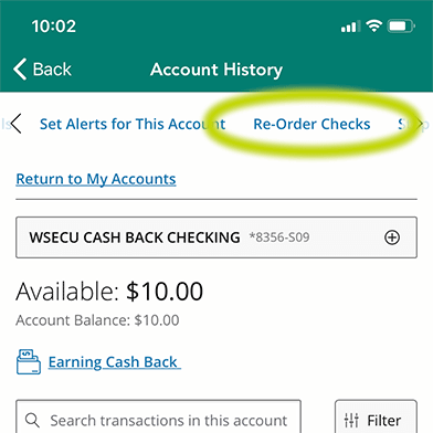 Green circle around Re-Order Checks link in the top navigation bar