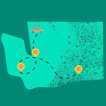 road trip route marked on Washington