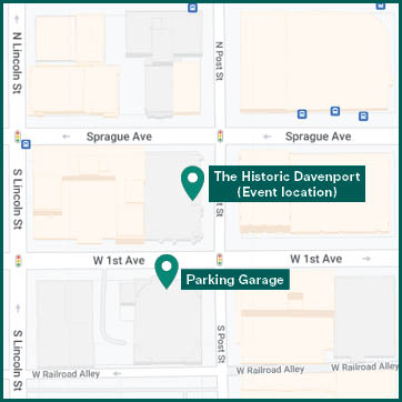 Map depicting the Spokane Annual Meeting venue and parking locations