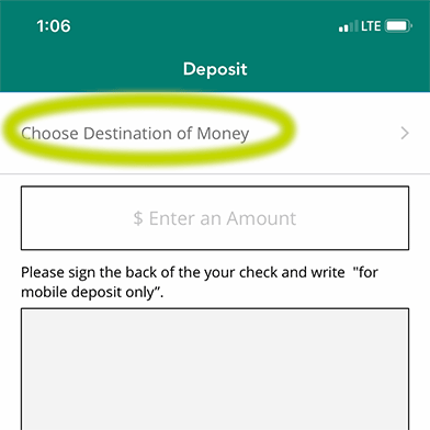 Green circle around Choose Destination of Money