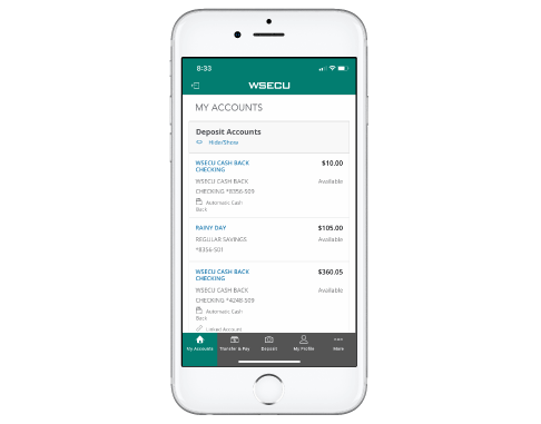 An iphone displaying the WSECU mobile banking app
