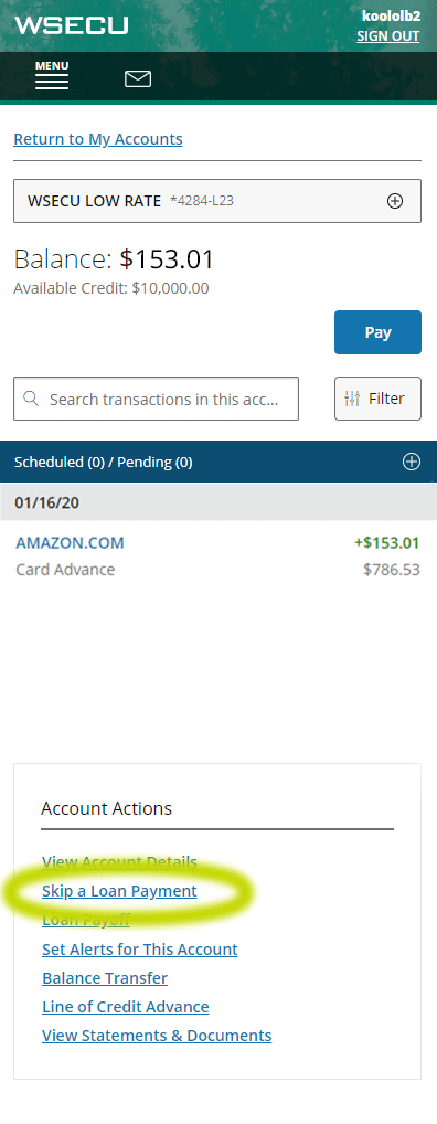 skip-a-pay-link-mobile-responsive.png A screenshot of Online Banking with the second item in Account Actions circled